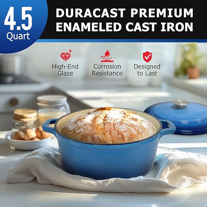 MUELLER HOME 4.5 QT Enameled Cast Iron Dutch Oven, Heavy-Duty Casserole Dish and Braiser Pan with Lid and Stainless Knob, Oven-Safe up to 500째 F & Across All Cooktops, Aqua Blue