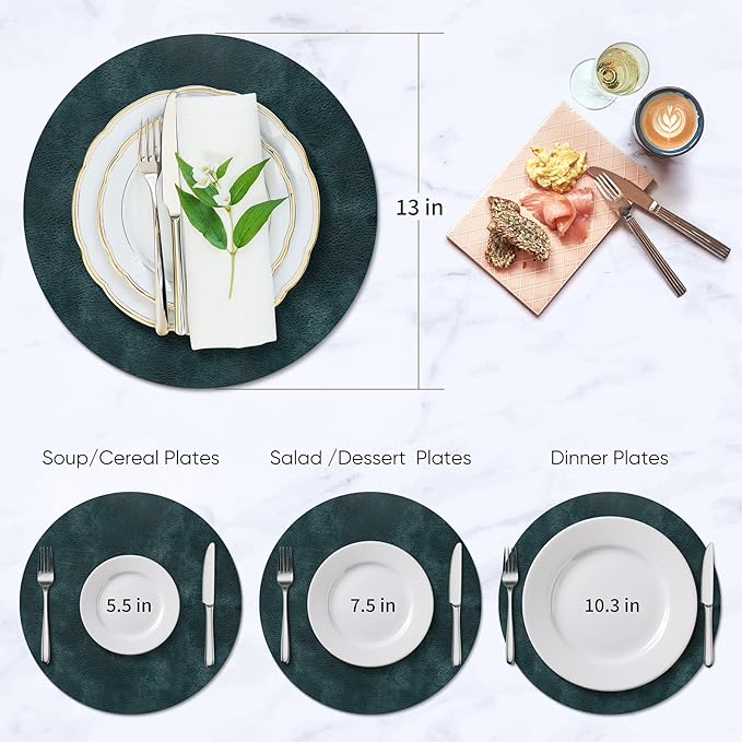 ADRIMER Placemats, Heat Resistant Round Placemats Set of 4 Washable, Waterproof Table Mats, Wipeable Faux Leather Place Mats for Kitchen, Dining Room, Dark Blue