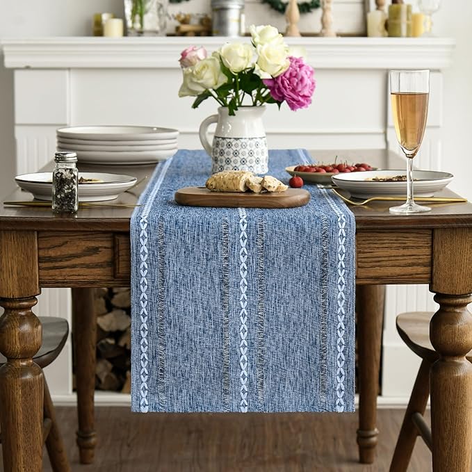 Artoid Mode Blue Rustic Cotton Linen Table Runner, Seasonal Embroidered Hollow Kitchen Dining Table Decoration for Home Party Decor 13x90 Inch