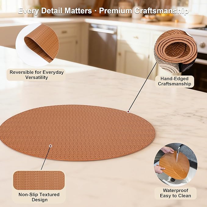 PROMATTOO Round Faux Leather Placemats Set of 6 ??13 Inch Vinyl Mats, Heat Resistant, Non Slip, Wipeable & Washable, Easy to Clean Dining Table Decor for Kitchen & Holiday Gatherings ??Cinnamon Brown