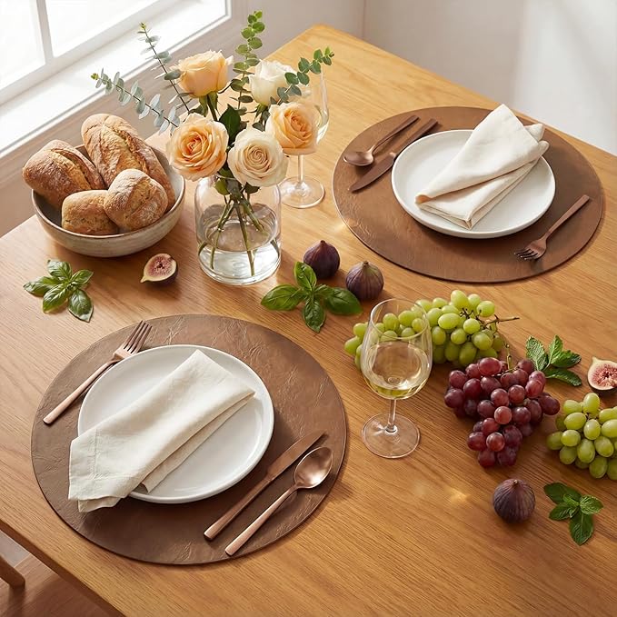 Artoid Mode Brown Faux Leather Placemats Set of 6, 15 Inch Waterproof Wipeable Heat Resistant Place Mats, Reversible Table Mats for Kitchen Dining Decor