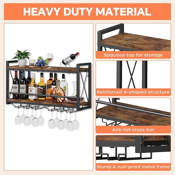 Homeiju Wall Mounted Wine Rack, Bottle & Glass Holder Wood-Metal Retro Wine Rack, Wine Bottles Display Wall Storage for Kitchen Dining Room Home Bar