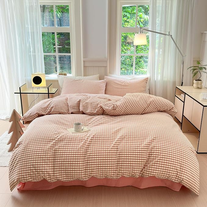 LifeTB Pink Gingham Comforter Set King Modern Style Pink Plaid Comforter Set Fluffy 3 Pieces Grid Checkered Pattern Boho Comforter with 2 Pillowcases Farmhouse Gingham Plaid Bedding Set King