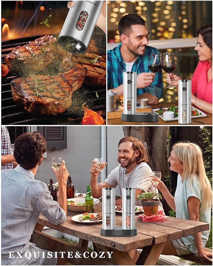 Electric Salt and Pepper Grinder Set with Rechargeable Base - Upgraded Large Capacity, Refillable Pepper Mill Set with LED Light & Adjustable Coarseness, Ideal for Kitchen, Outdoor, BBQ & Gift Giving