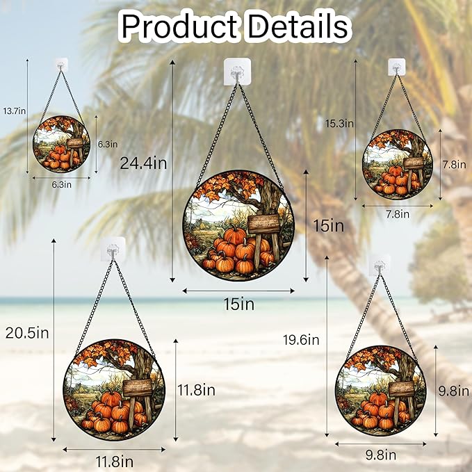 Stained Glass Window Hanging Fall Farm Scenery Maple Trees Pumpkin 6.3" - Suncatcher Door Garden Kitchen Sun Catcher Autumn Decor Birthday for Mom Nana Men Woman Friend