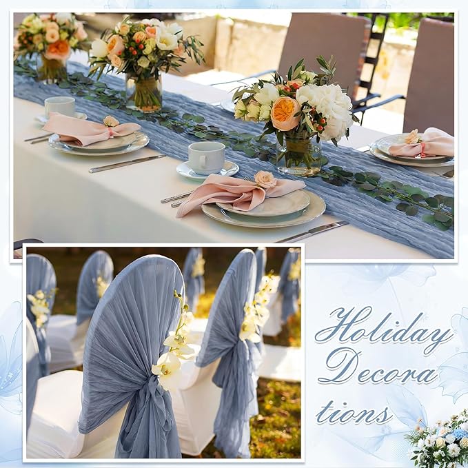 Gilprop 60 Pack Dusty Blue Cheesecloth Table Runner Decor Set 10 ft Table Runner & 7.9ft Artificial Eucalyptus Garland Boho Gauze Fabric Centerpiece for Wedding, Bridal Baby Shower, Party Decorations