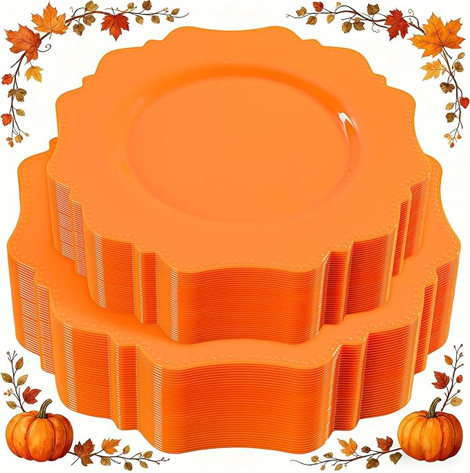 COLOSUS 60 pcs Orange Plastic Plates -Thanksgiving Plastic Plates for Party include 30 Dinner Plate and 30 Dessert/Salad Plate for Wedding,Party,Anniversary,Daily Use