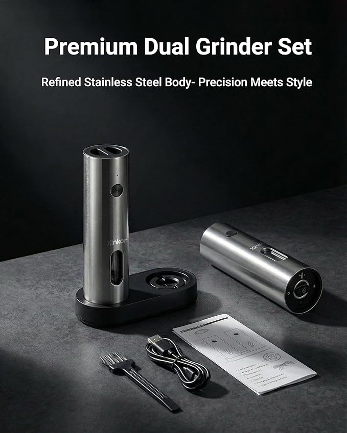 Electric Salt and Pepper Grinder Set with USB-C Rechargeable Base, Large Capacity Stainless Steel Mills with Durable Ceramic Burr, Adjustable Coarseness, LED Light, Refillable, for Kitchen BBQ