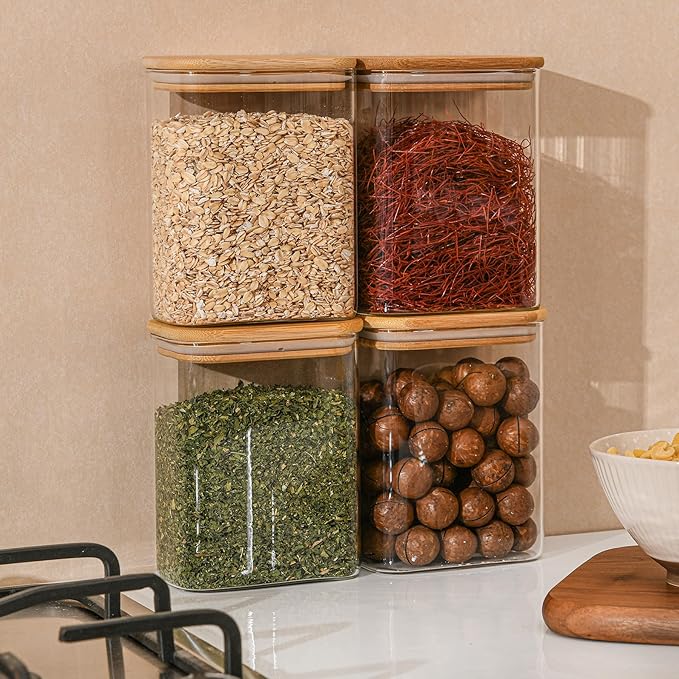 37oz Rectangle Airtight Glass Storage Containers with Bamboo Lids (Set of 4), Square Food Storage Jar, Pantry Organizers for Cereal, Nuts, Snacks and Coffee beans (?럚ith Black Lable)