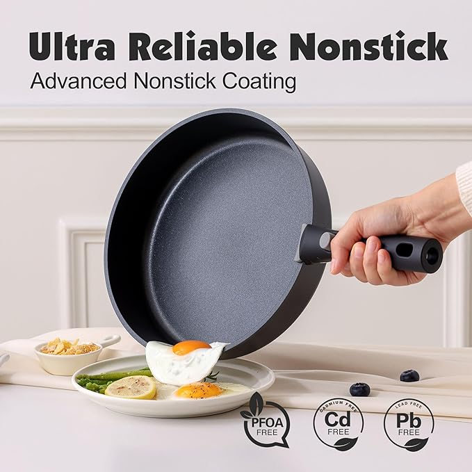 SENSARTE 17 Piece Pots and Pans Set, Nonstick Detachable Handle Cookware Set, Induction Kitchen Cookware Set with Removable Handle, Healthy Non Stick for RV, Dishwasher 竊?Oven Safe, PFOA Free (Black)