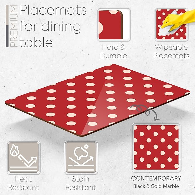 Moderry Set of 4 Heat Resistant Cork Placemats for Dining Table with Free Set of 4 Matching Drink Coasters Cream & Red Polkadot Design 16 x 12 Inches Cork Backed Hard Placemats (Red Polkadot)