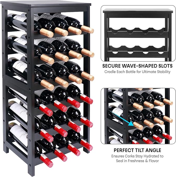 Wine Rack Free Standing Floor, 6-Tier 24 Bottles Display Wine Storage Shelves with Table Top, Easy-Assembly Freestanding Bamboo Wine Racks for Kitchen Dining Room Bar, Black