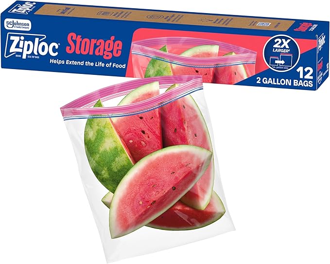 Ziploc 2 Gallon Food Storage Bags, Grip 'n Seal Technology for Easier Grip, Open, and Close, 12 Bags Total