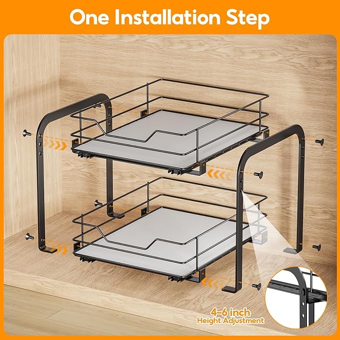 Spice Rack Organizer for Cabinet, 2 Tier Vertical Pull Out Spice Rack ??Heavy Duty Metal Spice Organization for Cabinet, 40-Jar Capacity, Height Adjustable Cabinet Organizer (9"W횞10.5"D횞9"H, Black)
