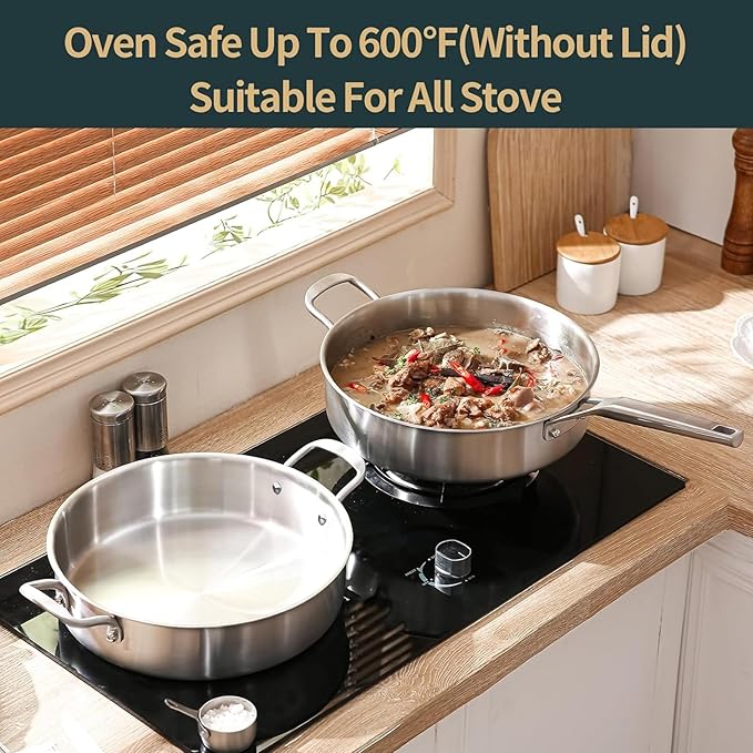 13-inch 8QT Tri-Ply Stainless Steel Saut챕 Pan | Large Deep Skillet with Lid | Even Heating+Jumbo Surface | Flared Edge Transfer | Non-Toxic 650째F Oven Safe