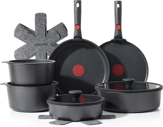 SENSARTE 17 Piece Pots and Pans Set, Nonstick Detachable Handle Cookware Set, Induction Thermo-Signal Cookware Set with Removable Handle, Healthy Non Stick for RV, Dishwasher 竊?Oven Safe (Black)