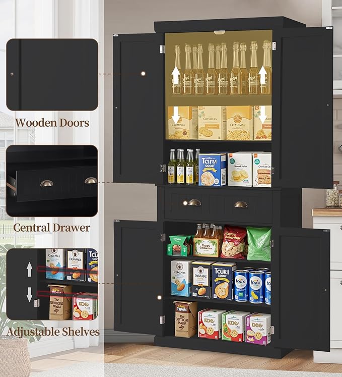 KIGOTY 72" Tall Kitchen Pantry Cabinet with Drawer and 4 Adjustable Shelves, Freestanding Pantry Storage Cabinets, Wood Cupboard Pantry Cabinet for Kitchen, Dining Room, Living Room, Black