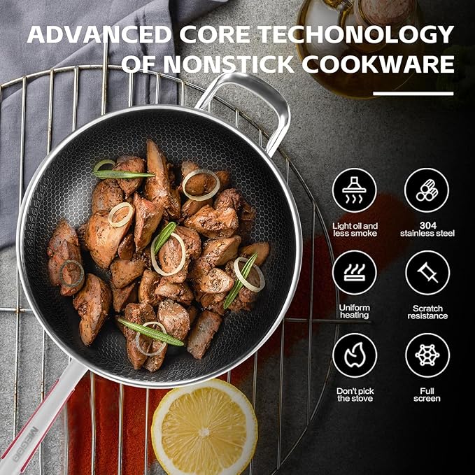 MEGOO 12 inch Stainless Steel nonstick wok with lid | Honeycomb wok & stir-fry pan | induction wok Compatible with All Cooktops | Dishwasher Safe | PFOA/PFA-Free
