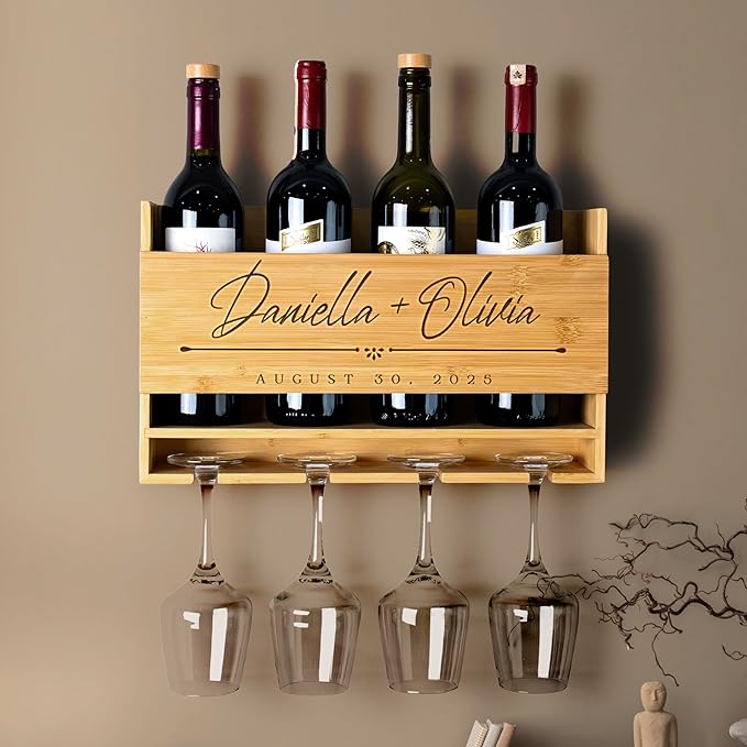 Personalized Wine Rack - Wall Mounted Custom Engraved Holder for 4 Bottles and Glasses - Ideal Gift for Wine Lovers, Weddings, Housewarmings - Customized Names Gifts for Couples