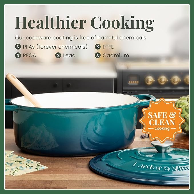 Larder & Vine Enameled Cast Iron 8 qt Dutch Oven Pot with Lid | Bread Baking | Compatible on All Cooktops & Oven Safe to 500째 F | Great for Sourdough Bread | Bondi