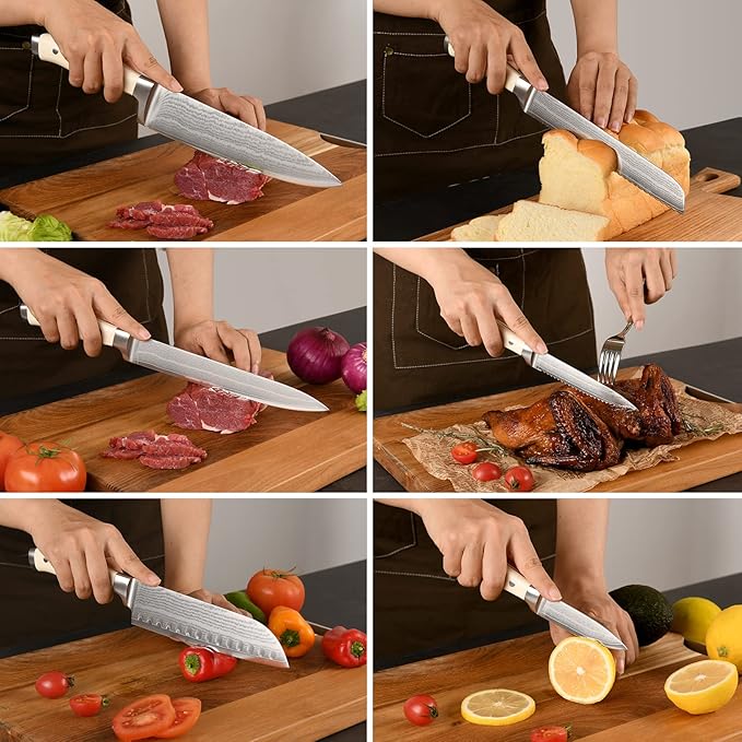 Damascus Kitchen Knife Set, 9 Pieces With Block, White ABS Triple Rivet Ergonomic Handle for Chef Knives, Sharpener and Shears
