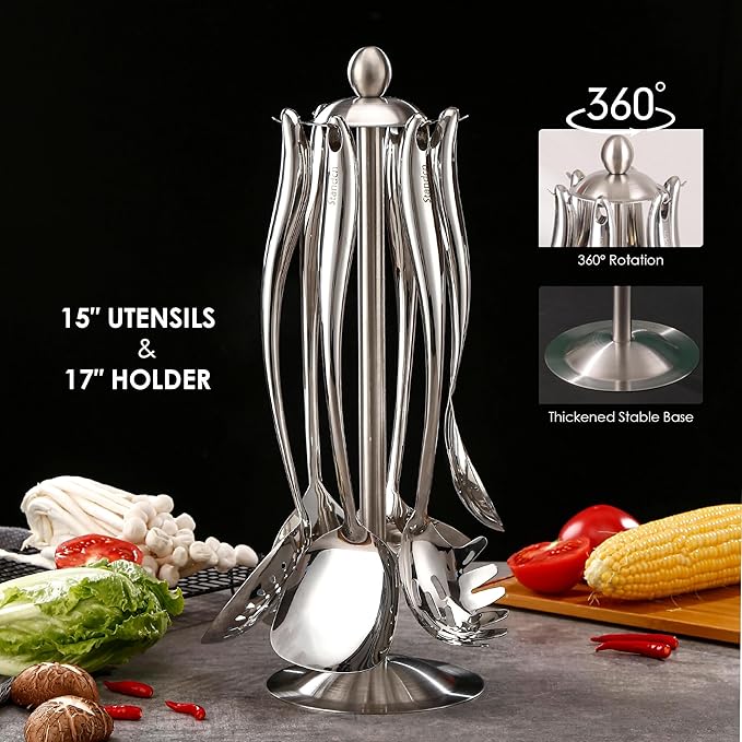18/10 Stainless Steel Cooking Utensils Set with Holder, 7-Pieces All Metal Kitchen Utensils, 15?쇺?Long Kitchen Tools with Countertop Rotating Stand, Spatula, Ladle, Skimmer, Tunner, Pasta, Large Spoon