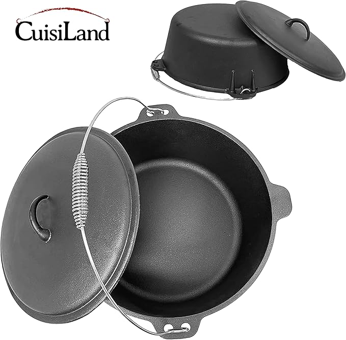 Cuisiland 12 Quart Cast Iron Dutch Oven with Dome Lid & Bail Handle ??Pre-Seasoned Large Campfire Pot for Outdoor Cooking, Roasting, Baking & Stews ??Heavy-Duty Cookware with Even Heat Distribution