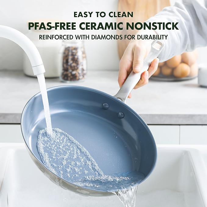 GreenPan Treviso 9.5??and 11??Frying Pan skillet Set, Non-Toxic PFAS-Free Stainless Steel Ceramic Nonstick Coating, Induction Suitable, Multi Clad, Pouring Rims, Dishwasher & Oven Safe to 600째