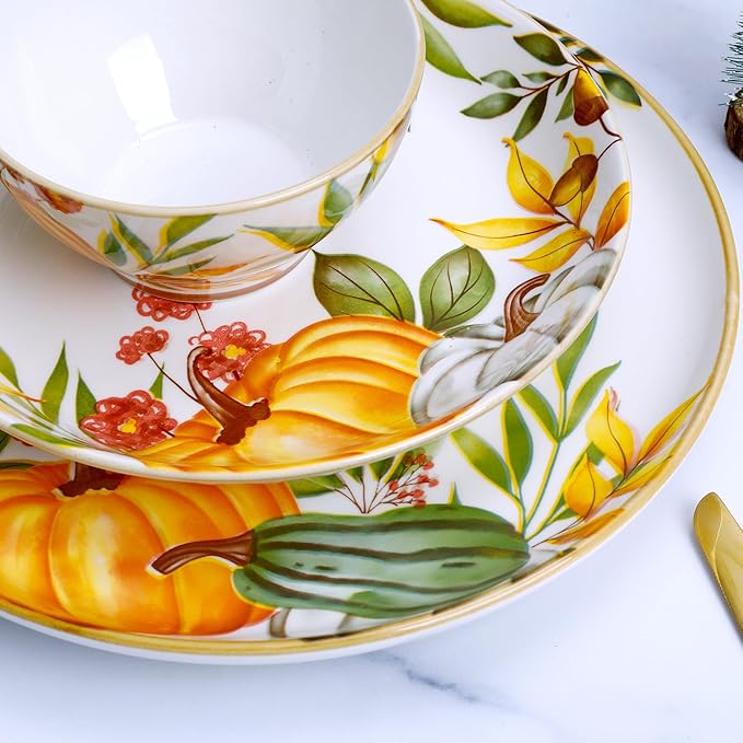 12-Piece Porcelain Dinnerware Set, Service for 4, Pumpkin Pattern Plates & Bowls, Microwave and Dishwasher Safe Dinnerware Set