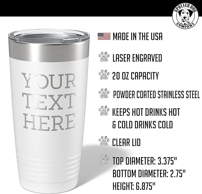 Personalized 20oz (17 Colors) Powder Coated Insulated Stainless Steel Tumbler with Lid, Custom Etched, Customized Text Message Name, Engraved Gift Idea Women Men Him Her, Your Text Here (White)
