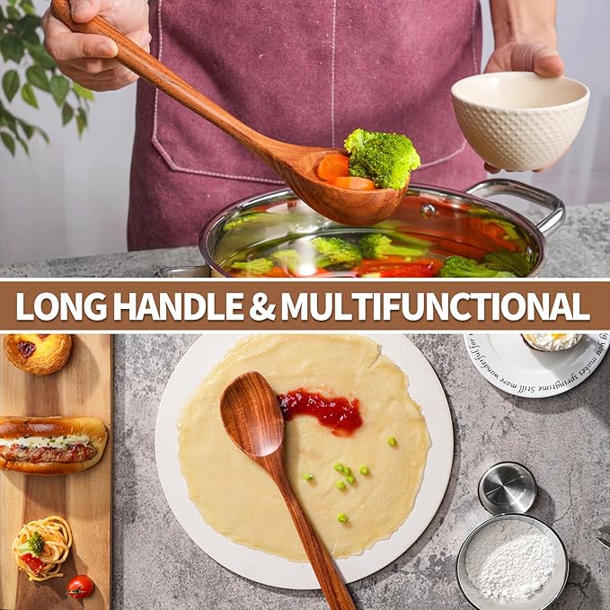 Gudamaye 13 inch Long Wooden Spoons for Cooking, 9 PCS Natural Teak Wooden Kitchen Utensil Set with Utensils Holder Made of Australia Camphor Laurel Wood竊똚ooden Utensils for Cooking