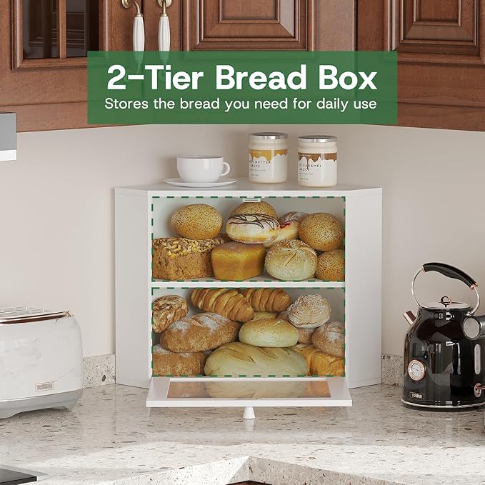 Corner Bread Box for Kitchen Countertop - Bamboo Wood, Wavy Acrylic Door, White Adjustable 2-Layer Bread Storage Container, Large Bread Holder