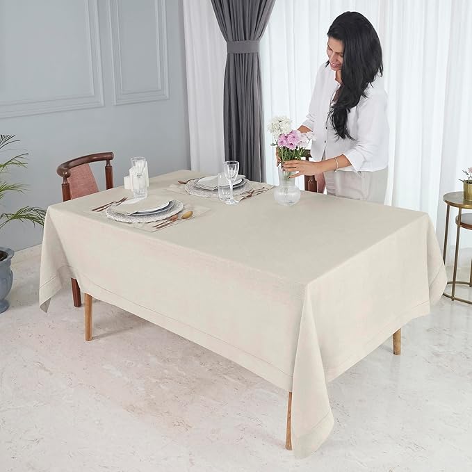 D'Moksha Homes Light Natural Linen Tablecloth 52 x 52 Inch - 100% Pure Linen Square Table Throw - Classic Hemstitch, Machine Washable Table Cloth for Valentines, Spring, Easter