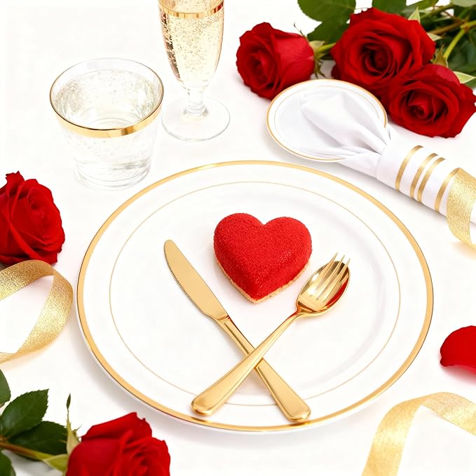 Elegant Wedding Disposable Plates Gold Dinnerware Sets for 25 or 50 Guests for Reception (350)