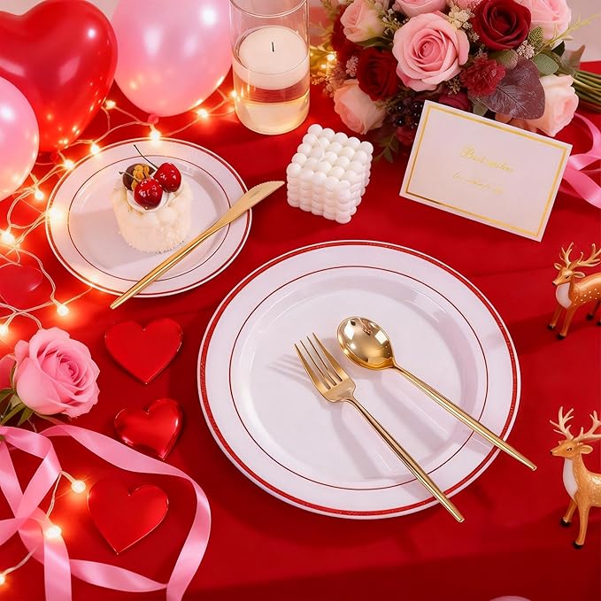 U-QE 100pcs Glitter Red Plastic Plates for Party - White and Red Plates Disposable - Nice Disposable Plates Include 50 10" Dinner and 50 7" Dessert Plate, Perfect for Party, Wedding & Special Moments