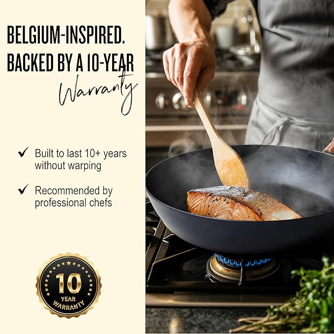 Alva Forest 8" Carbon Steel Frying Pan ??Naturally Nonstick, Pre-Seasoned, with Acacia Wood Handle, Made Without PTFE, PFOA, PFAS ??Sustainable Belgian Design, Induction & All-Stovetop Safe