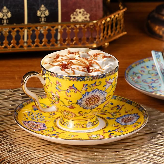 KAMMAK Tea Cups and Saucers Set of 2, Porcelain Coffee Cups with Saucer for Espresso, Cappuccino, 7.5oz Vintage Yellow and Blue Ceramic Novelty Mug for Home, Tea Party, Office