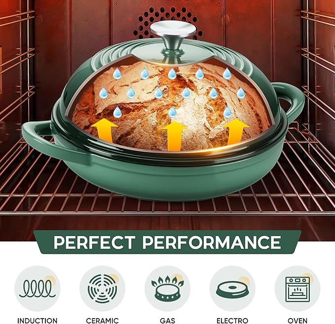 E-far Dutch Oven for Sourdough Bread Baking, 6 Qt Round Enameled Cast Iron Dutch Oven for Homemade Artisan Bread, Dome Lid & Shallow Base, Matte Black Interior & Durable, Oven-Safe to 500?? Dark Green