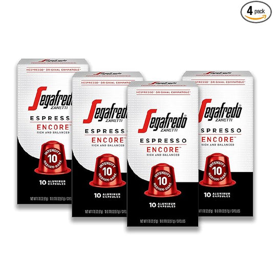 Segafredo Zanetti Espresso Capsules ??Aluminum Pods for Nespresso Original Machines ??Medium-Dark Roast Premium Espresso with a Rich Aroma ??Balanced, Intensity 10 ??Encore, 10 Count (Pack of 4)