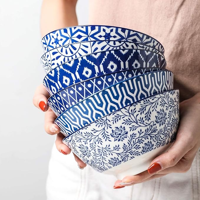 Selamica Blue and White Porcelain 20oz Cereal Bowl Set - Set of 6, 6 inch Soup Bowls, Ceramic bowls for Cereal, Soup, Salad and Pasta, Vintage Blue