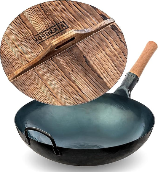 YOSUKATA Blue Round Bottom Wok Pan ??14" Stir Fry Pans Premium Wok Cover 14 inch - Wooden Lid
