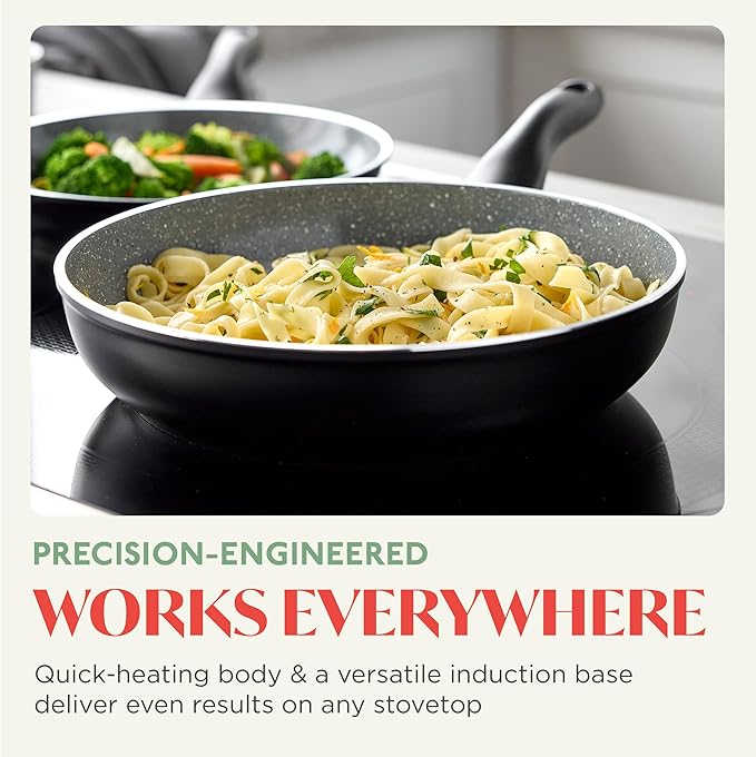 Rigoletto 9.5??Nonstick Frying Pan Skillet, Made in Italy, Layered Ceramic PFAS-Free Surface, Induction Ready, Dishwasher & Metal Utensil Safe, Granite Finish, Stay-Cool Handle,Black