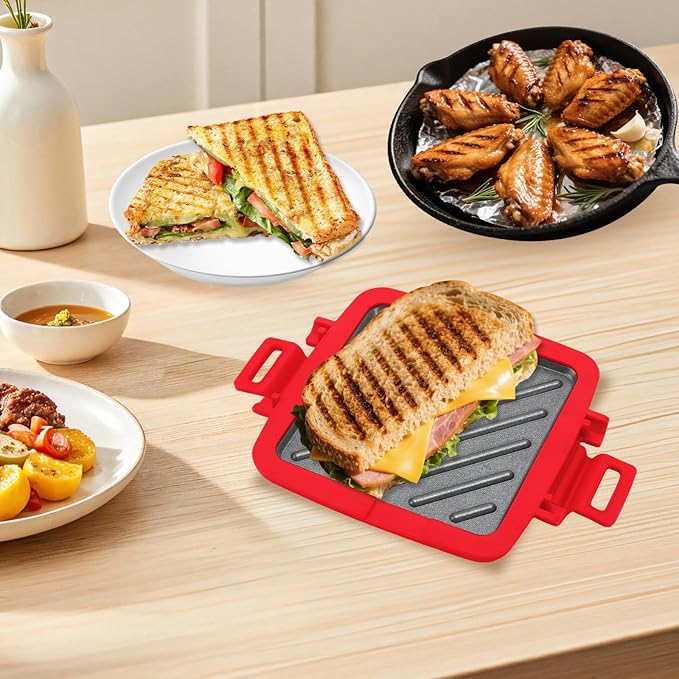 Microwave Sandwich Maker, Heat-Resistant Silicone Rubber Shell, Advanced HeatWave Technology, Non-Stick Plates, Easy to Clean, Makes Toast, Sandwiches, Paninis, Patties (Red)