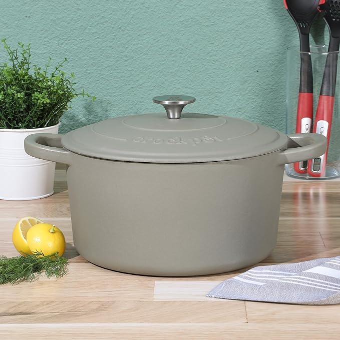 Crock-Pot Artisan 7-Quart Round European Enameled Cast Iron Dutch Oven with Lid ??Matte Green, Durable Oven Safe Cookware