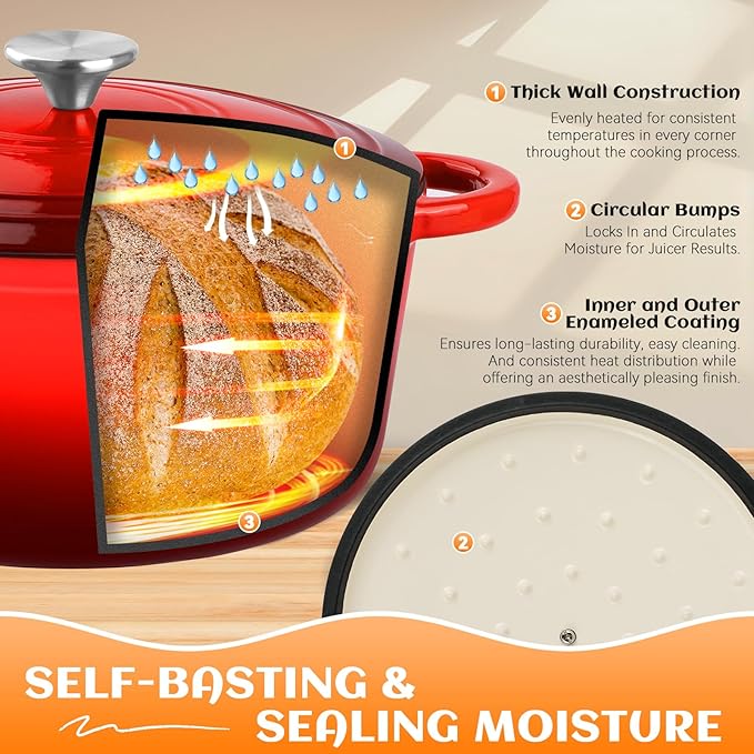 Enameled Cast Iron Dutch Oven Pot with Lid, Incl. Sourdough Bread Baking Supplies Like Banneton Bread Proofing Basket, Starter Jar, Scoring Tool Lame, 5QT Dutch Oven for Bread Baking, Oven Safe up to 500째F