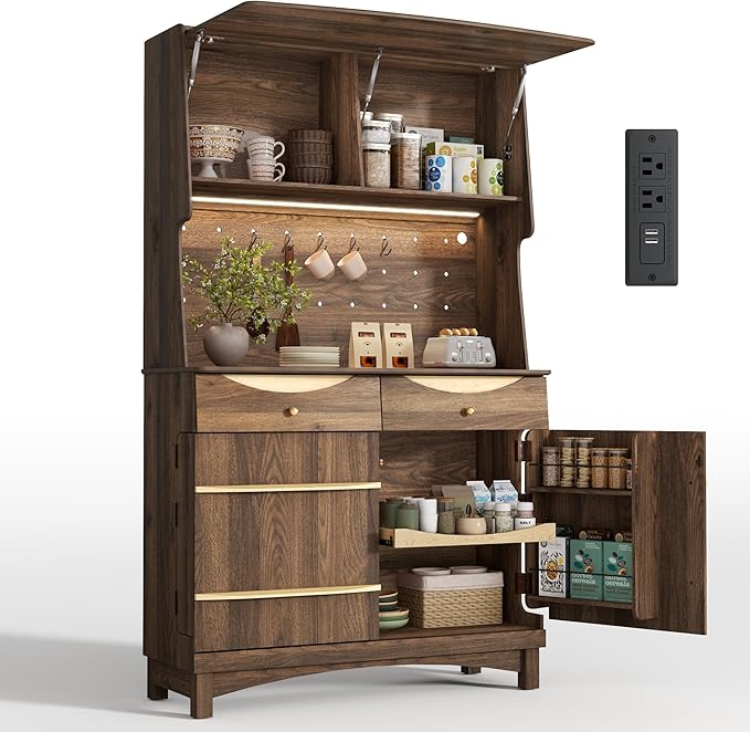 STO'SENSE 72?쇺?Kitchen Pantry Cabinet w/Power Outlets, Tall Storage Cabinet w/LED Light, FILP-up Door & Pegboard, Freestanding Kitchen Hutch w/Drawers, Solid Wood Handles (Walnut)