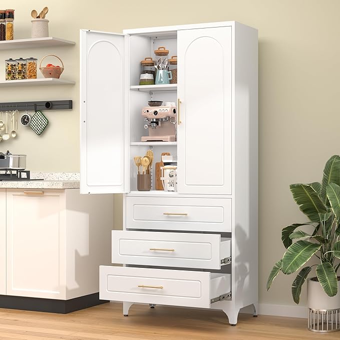75??Tall Kitchen Pantry Cabinet,Metal Storage Cabinets with Doors and Adjustable Shelves,Modern Kitchen Hutch Cabinet,Freestanding Cupboard for Dining Room