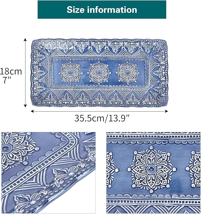 Sungmor Embossed Stoneware Fine Dining Dinnerware, Antique Baroque Style 14" Long Rectangular Porcelain Serving Platter Set of 2, Sophisticated Ceramic Dish for Party Cookies, Fruit, Cheeses & Dessert