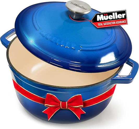 MUELLER HOME 4.5 QT Enameled Cast Iron Dutch Oven, Heavy-Duty Casserole Dish and Braiser Pan with Lid and Stainless Knob, Oven-Safe up to 500째 F & Across All Cooktops, Aqua Blue