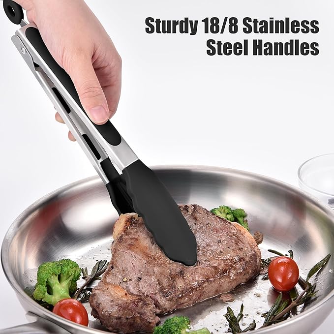 Doosu Kitchen Tongs for Cooking - 600째F Heat Resistant Food Tong with Non-Scratch Silicone Tips, Heavy Duty Stainless Steel Locking Tong for BBQ, Grilling Steak, Serving Salad, Pasta (9in, Black)